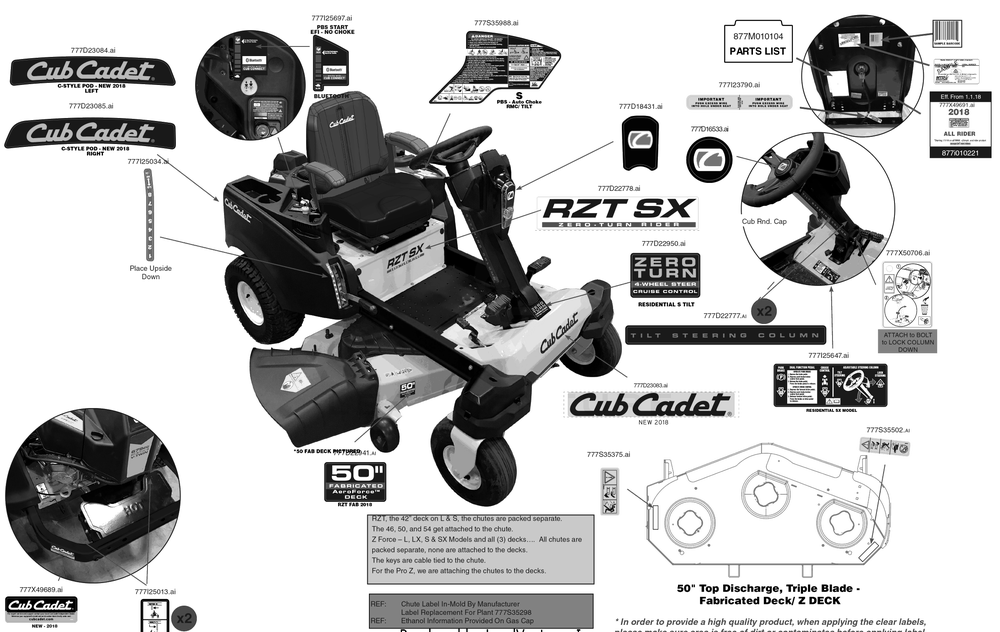 Label Map Diagram and Parts List for RZT-SX50KH (17RRCBYZ010)(2018) Cub Cadet Lawn Tractor